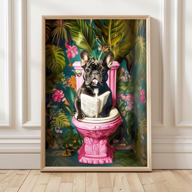 Poster Bathroom Black French Bulldog Reading on Toilet Pr (Créateur téléchargé)