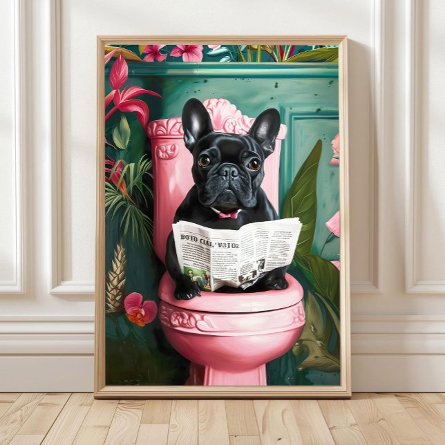 Poster Bathroom Black French Bulldog Reading on Toilet Pr (Créateur téléchargé)