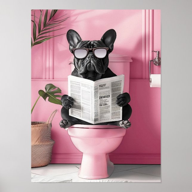 Poster Bathroom Blue French Bulldog on Toilet Print, Funn (Devant)