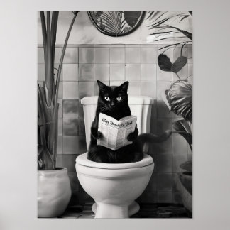Poster Bathroom Cat Print reading on Toilet Black and Whi