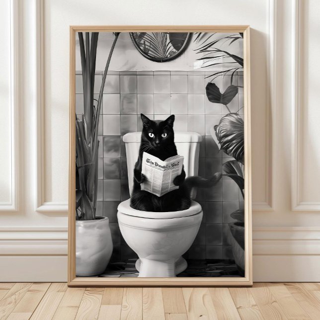 Poster Bathroom Cat Print reading on Toilet Black and Whi (Créateur téléchargé)