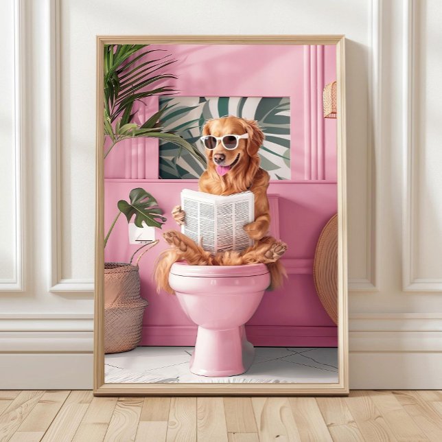 Poster Bathroom Golden Retriever Reading on Toilet Print, (Créateur téléchargé)