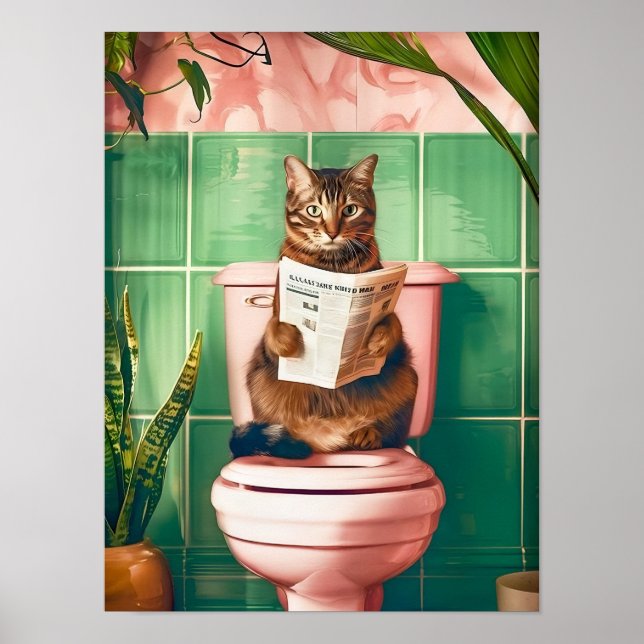 Poster Bathroom Tabby Cat Art Print, Kitten Poster, Cute  (Devant)