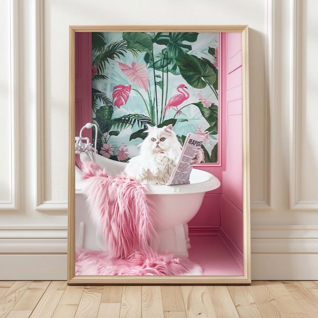 Poster Bathroom White Cat in Bathtub Print, Funny Poster, (Créateur téléchargé)
