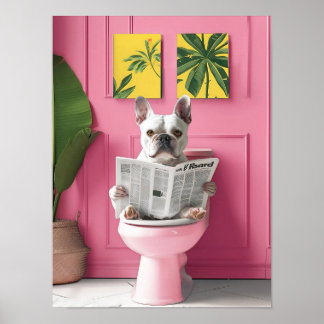 Poster Bathroom White French Bulldog Reading on Toilet Pr