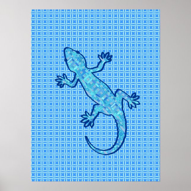 Poster Batik tribal Gecko - bleu denim (Devant)