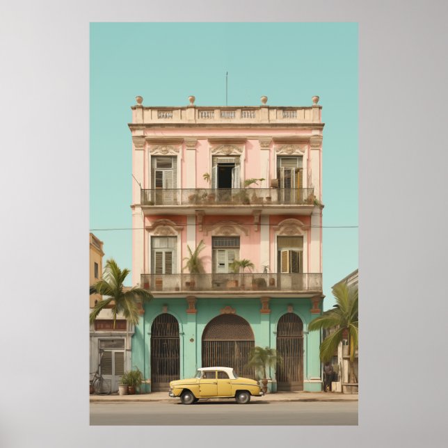 Poster Bâtiment Colonial Voiture Jaune Havane Cuba (Devant)