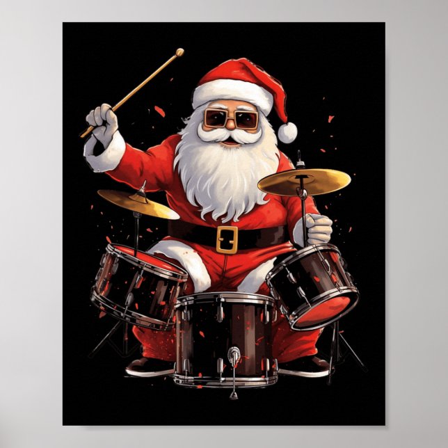 Poster Batteur Père Noël Jouer des tambours amusant Noël  (Devant)