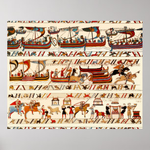 POSTER BAYEUX TAPESTRY 1066, CHEVALIERS NORMAUX, NAVIRES 