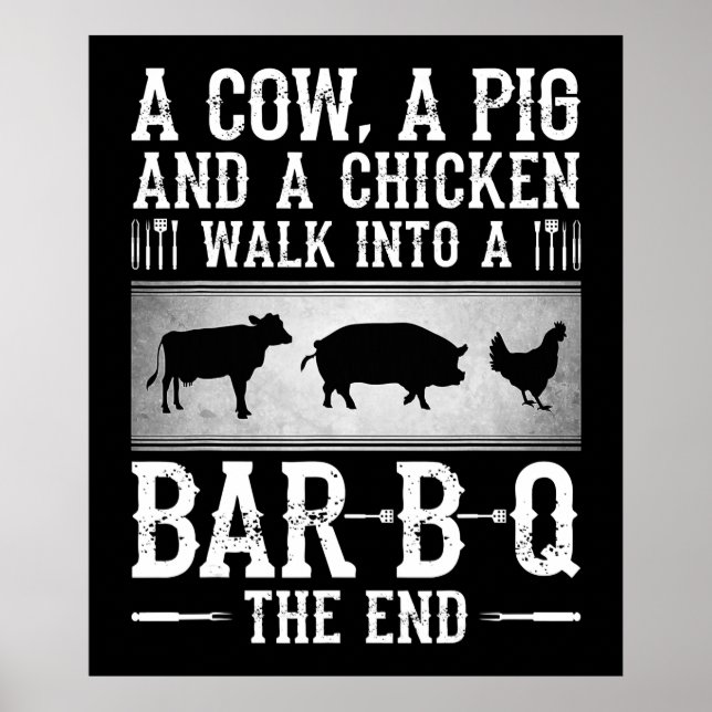 Poster BBQ | Une Vache Un Cochon Et Un Poulet Marcher Dan (Devant)