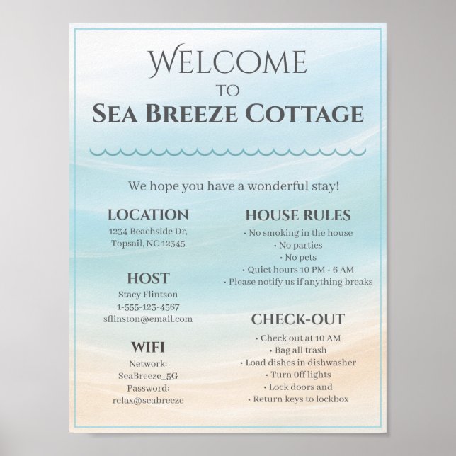Poster Beach House Welcome Sign with House Rules & WiFi (Devant)