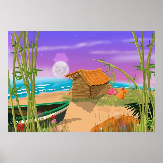 Poster "Beach Hut on moonlit beach" "beach hut" "dessin a (Devant)