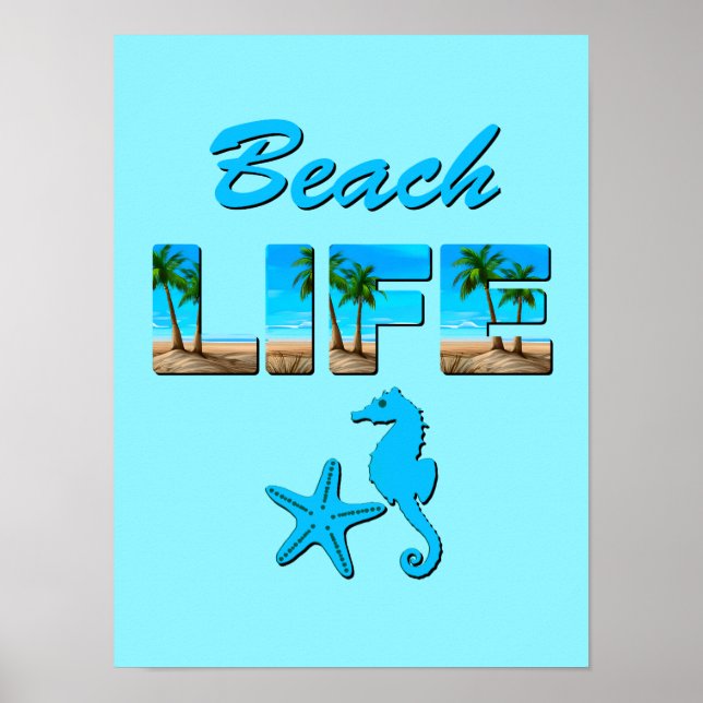Poster Beach Life Word Art avec sable et palmiers (Devant)