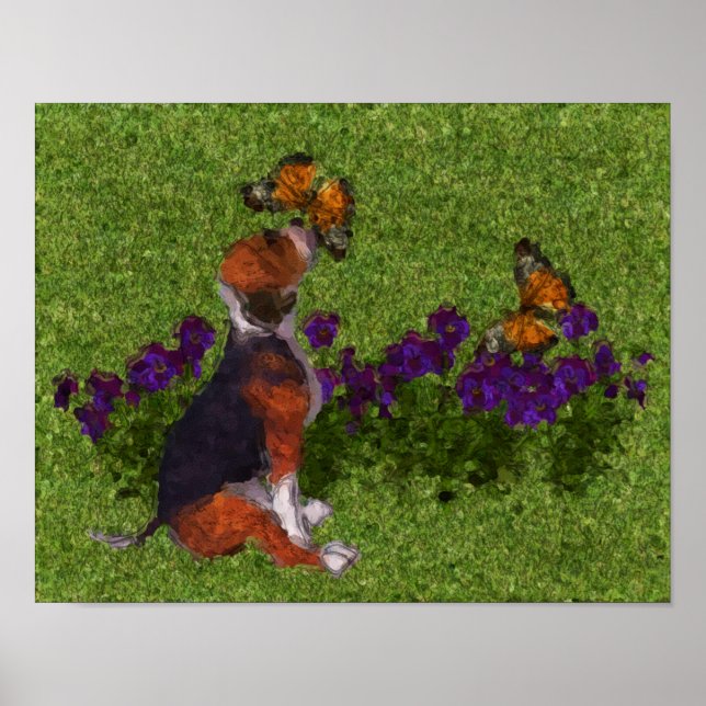 Poster Beagle Chiot Papillons Chien Art Photo Peinture (Devant)