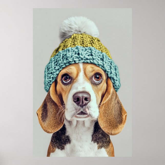 Poster Beagle douillet dans un Casquette Knit d'hiver (Devant)