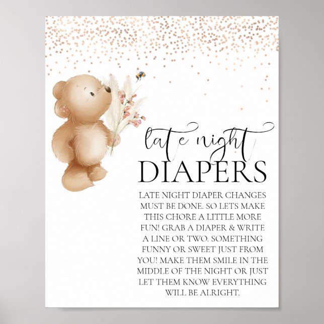 Poster Bear & Bee Baby shower Late Night Diaper (Devant)