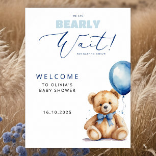 Poster Bear Blue Balloon Boy Baby shower Bienvenue