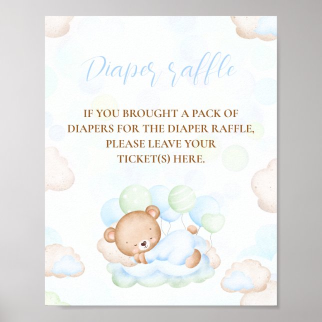 Poster Bear Blue Green Boy Baby shower Déchets Raffle Sig (Devant)