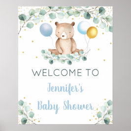 Poster Bear Greenery Gold Blue Boy Baby shower Bienvenue
