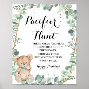 Poster Bear Greenery Pacifier chasse Baby shower Jeu