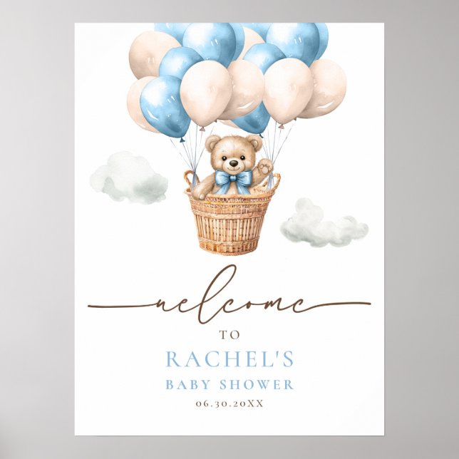 Poster Bear Hot Air Balloon Baby Boy Douche Bienvenue (Devant)
