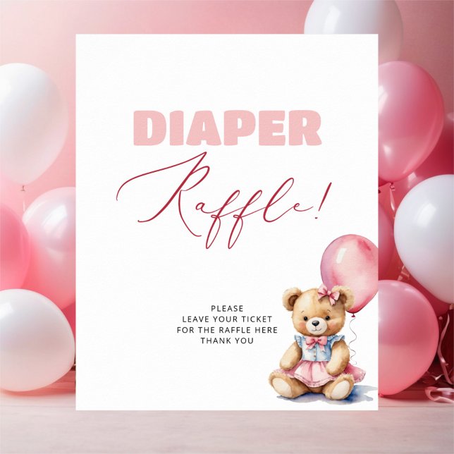 Poster Bear Pink Balloon Girl Baby shower Déchets Raffle (Créateur téléchargé)