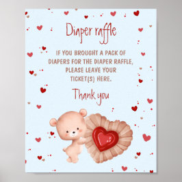 Poster Bear Red Heart Boy Baby Shower Diaper Raffle Sign