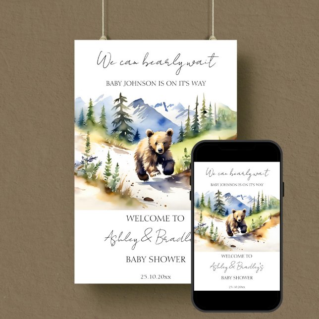 Poster Bearly wait bear aventure baby shower accueil (Bearly wait national parks bear themed baby shower welcome sign editable template poster download )