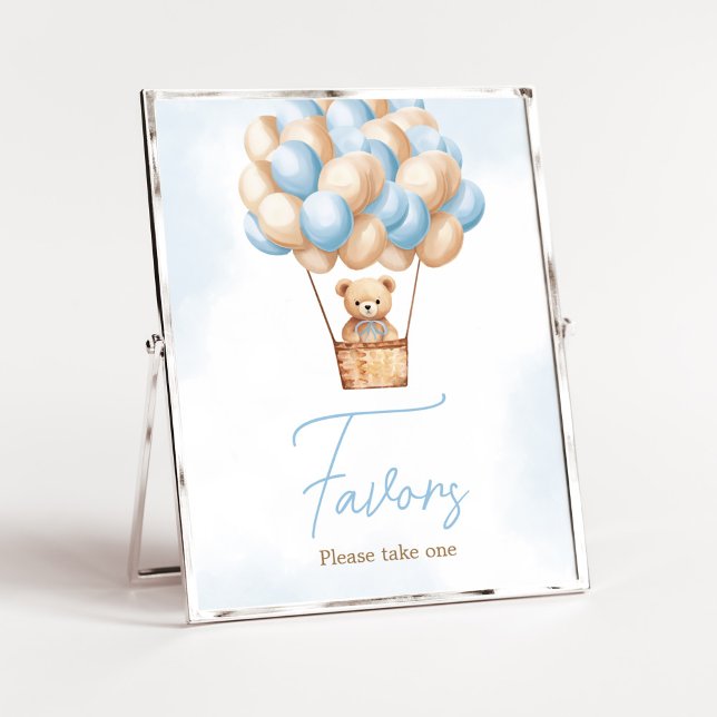 Poster Bearly Wait Blue Hot Air Balloon Baby Faveurs bébé (Boy Baby Bear Balloons Baby Shower Favors Sign)