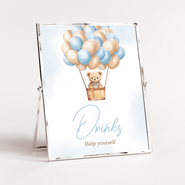 Poster Bearly Wait Blue Hot Air Balloon Bébé Boissons (Boy Baby Bear Balloons Baby Shower Drinks Sign)
