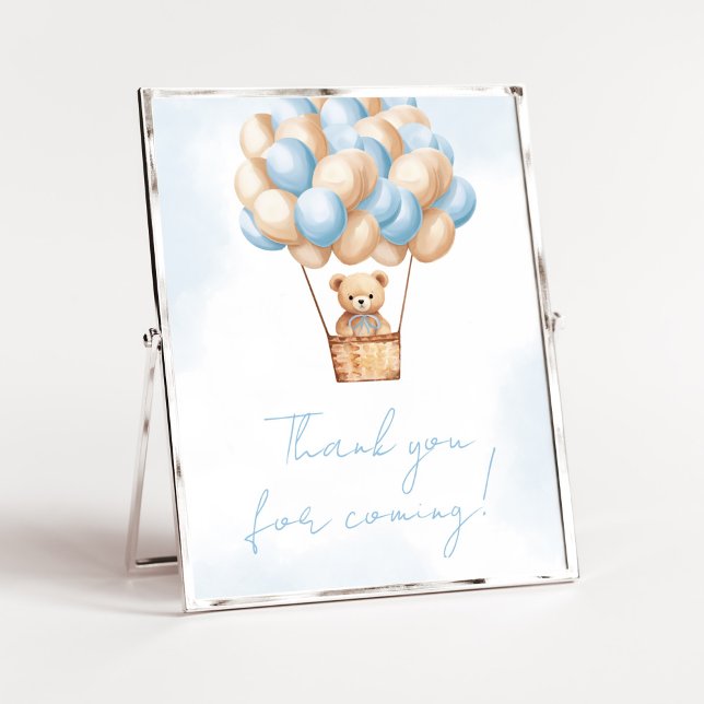 Poster Bearly Wait Blue Hot Air Merci pour venir (Boy Baby Bear Balloons Baby Shower Thank you for Coming Sign)