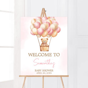 Poster Bearly Wait Pink Hot Air Balloon Bienvenue bébé