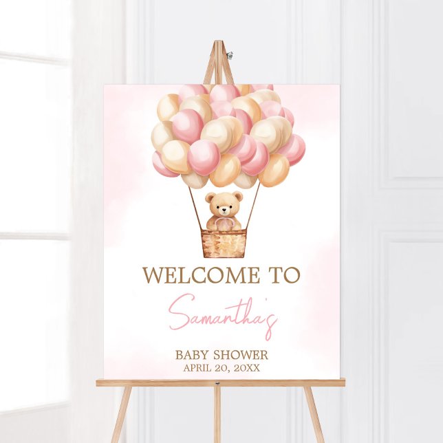 Poster Bearly Wait Pink Hot Air Balloon Bienvenue bébé (Girl Baby Bear Balloons Baby Shower Welcome Sign)