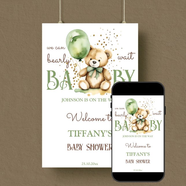 Poster Bearly wait teddy baby shower vert signe d'accueil (Bearly wait sage green teddy bear baby shower welcome sign editable template poster digital download)