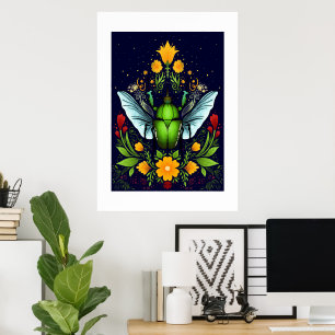 Poster Beatle verte avec mouche et fleurs