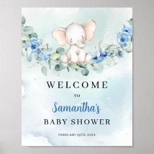 Poster Beau Baby shower bleu à fleurs bienvenue