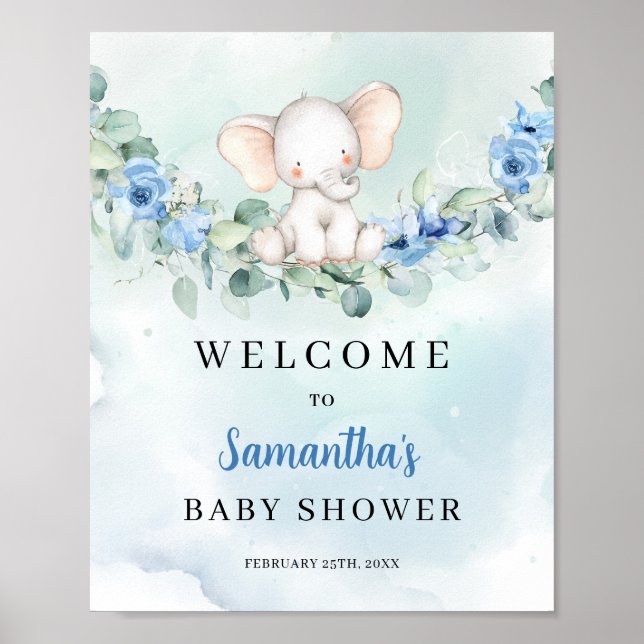 Poster Beau Baby shower bleu à fleurs bienvenue (Devant)
