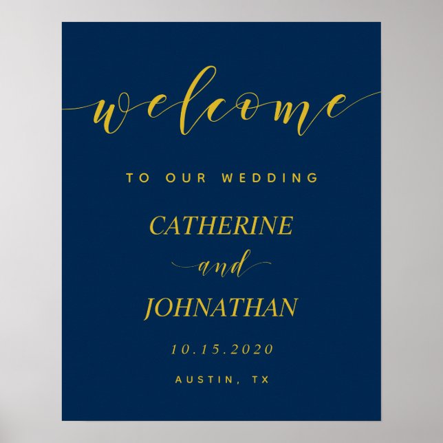 Poster Beau bleu marine moderne, Mariage Bienvenue (Devant)