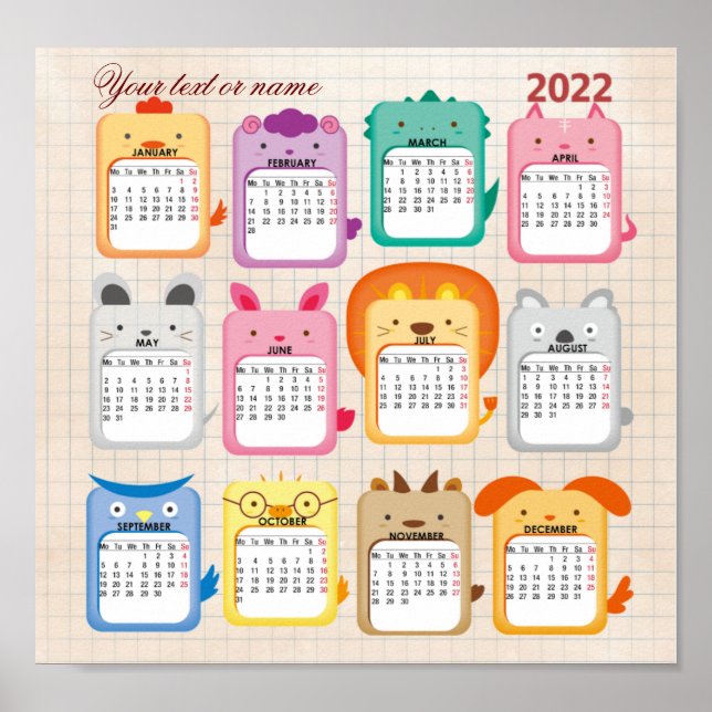 Poster beau calendrier pour enfants 2022 sur (Devant)