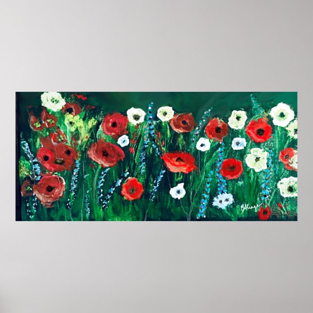 Poster Beau champ de pavots Orange-Rouge, Blanc&Bleu (Devant)