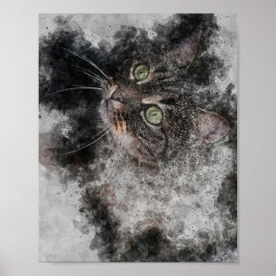 Poster beau chat gros yeux verts aquarelle peinture