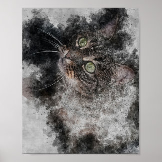 Poster beau chat gros yeux verts aquarelle peinture