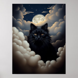 Poster Beau Chat Noir Assis Dans Les Nuages