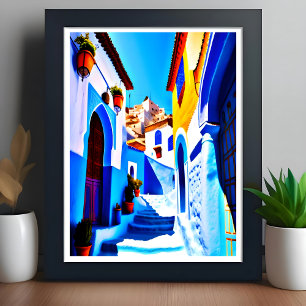 Poster Beau Chefchaouen Marocain Bleu Ville Pop Art
