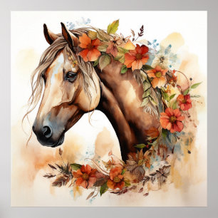 Poster Beau Cheval aux jolies fleurs Aquarelle