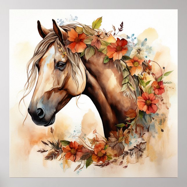 Poster Beau Cheval aux jolies fleurs Aquarelle (Devant)