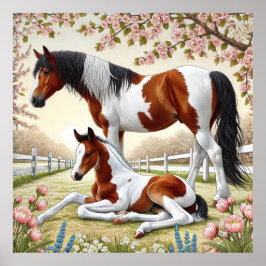 Poster Beau cheval et poulain dans un verger en fleurs