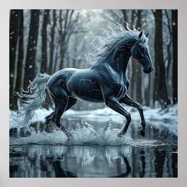Poster Beau Cheval Noir Galopant Dans L'eau (Devant)