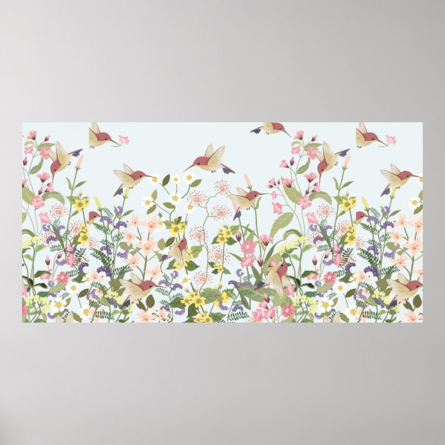 Poster Beau colibri dans le jardin fleuri (Devant)