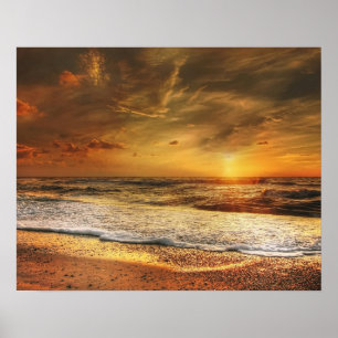 Poster Beau coucher de soleil orange sur la plage